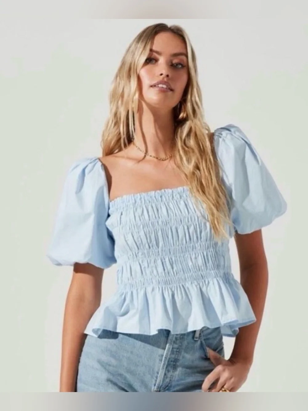 ASTR The Label Light Blue Smocked Puff Sleeve Peplum Top Size L